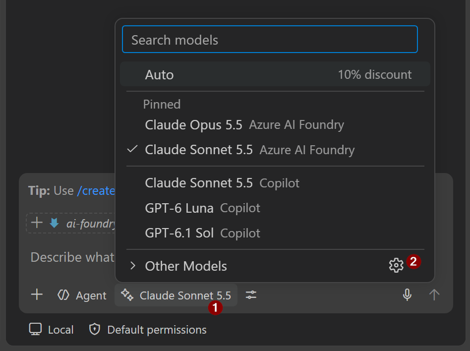 Model picker and gear icon