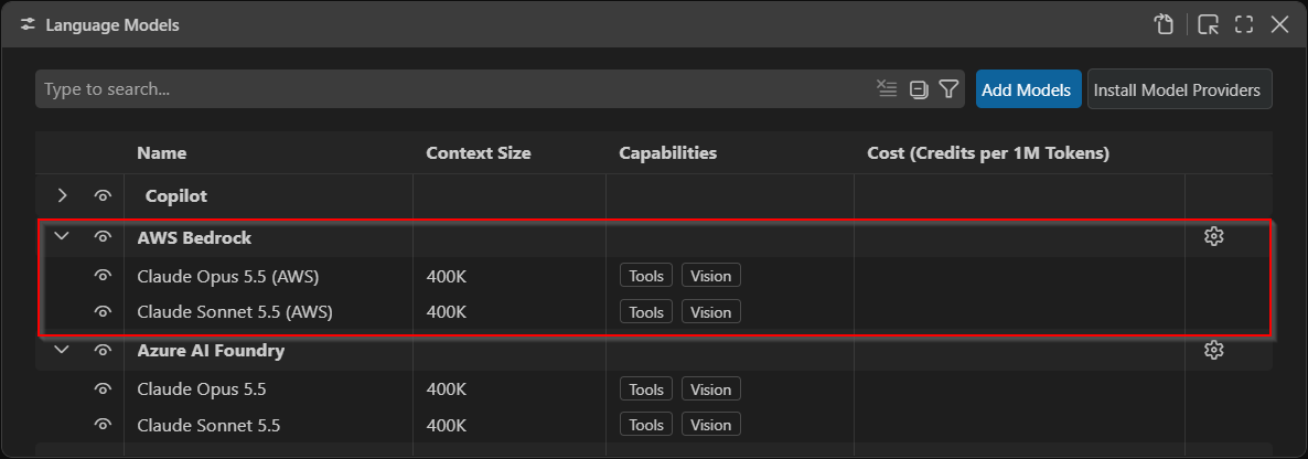 Models listed under AWS Bedrock
