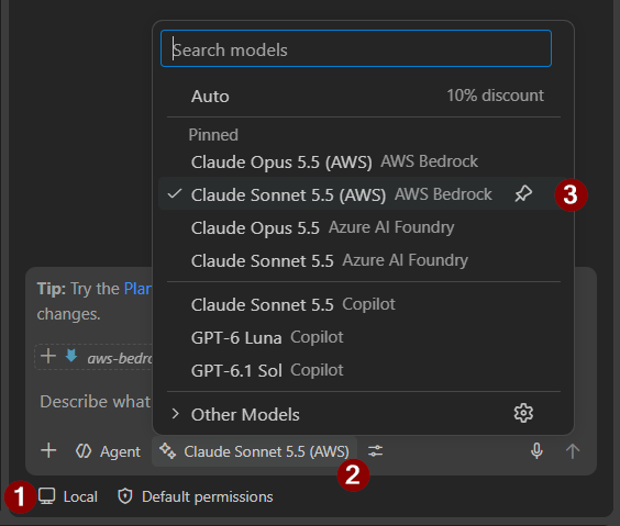 Session target Local and model selected